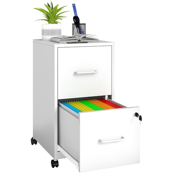 2 Drawer File Cabinet on Wheels, Mobile Filing Cabinets with Lock, Metal Storage Cabinet, Vertical Filing Cabinets for Home Office, Rolling File Cabinet for Under Desk, Amssebly Required,White
