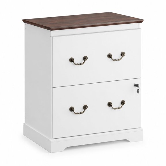 2 Drawer File Cabinet with Charging Station & Lock, White Wood