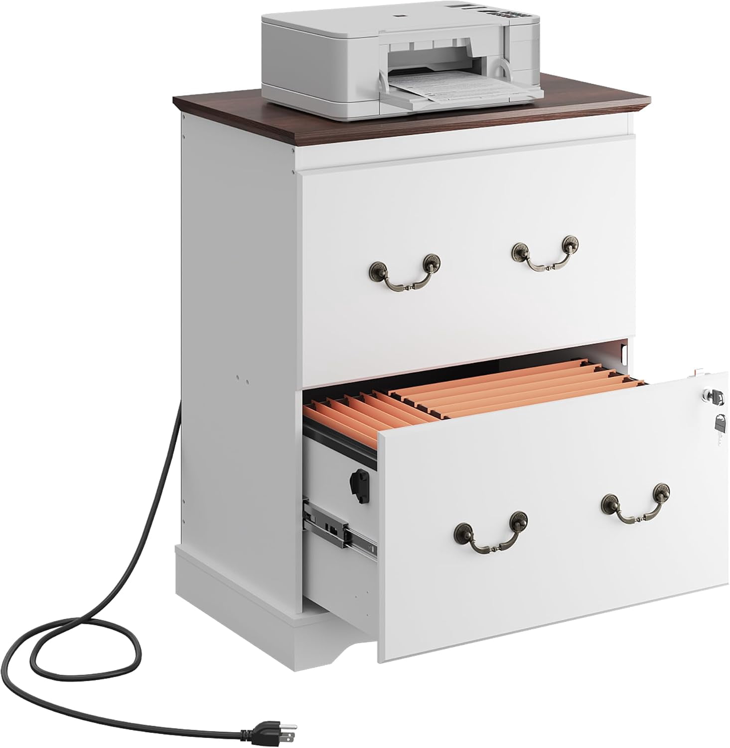 2 Drawer File Cabinet with Charging Station & Lock, Wood Filing ...