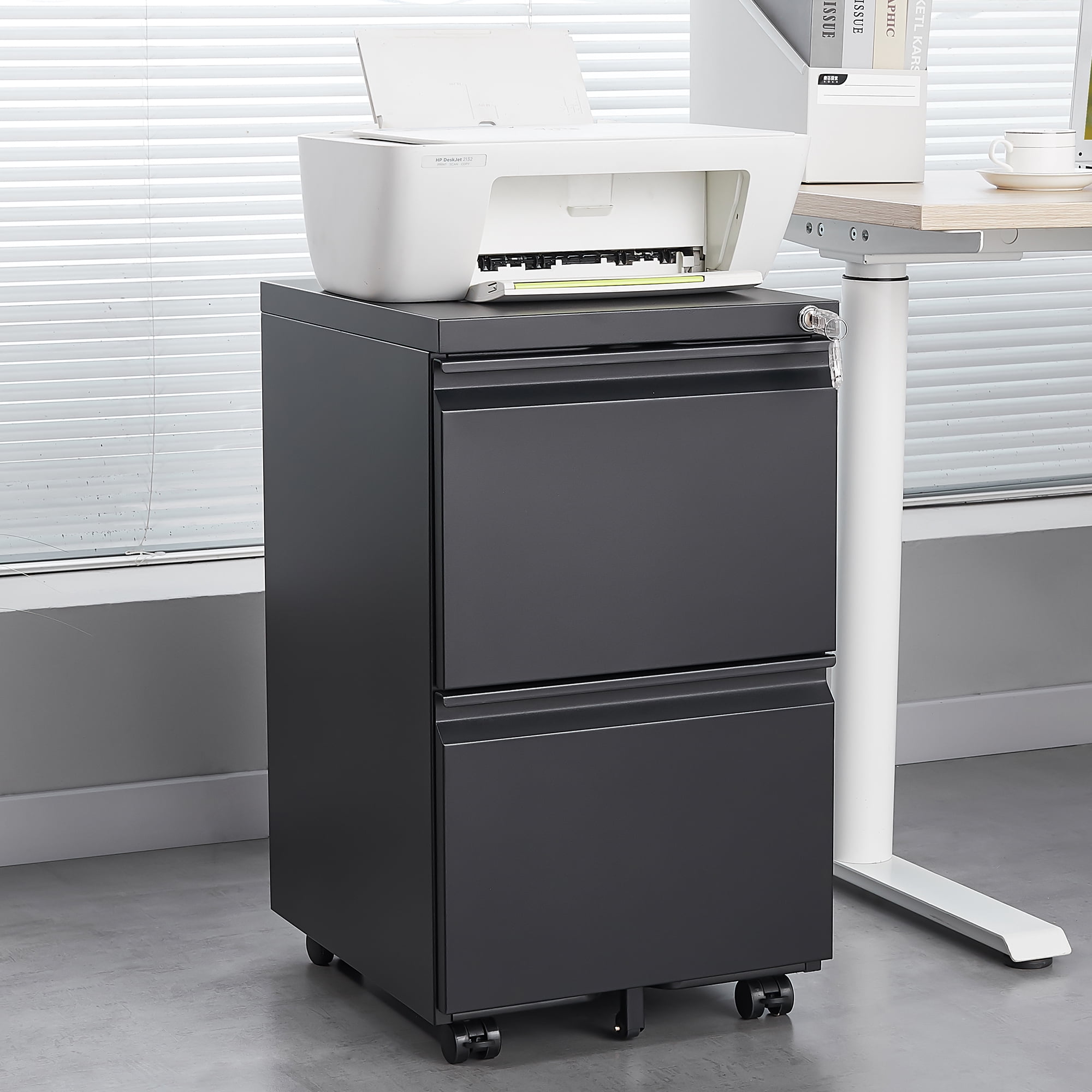 2 Drawer File Cabinet with Lock, Metal Under Desk Rolling Filing Cabinet for Home Office, Mobile Filing Cabinet