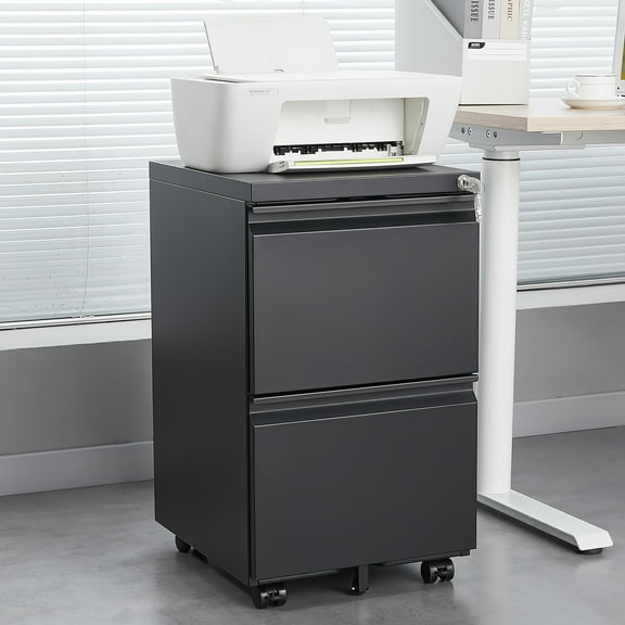 2 Drawer File Cabinet with Lock, Metal Under Desk Rolling Filing Cabinet for Home Office, Mobile Filing Cabinet