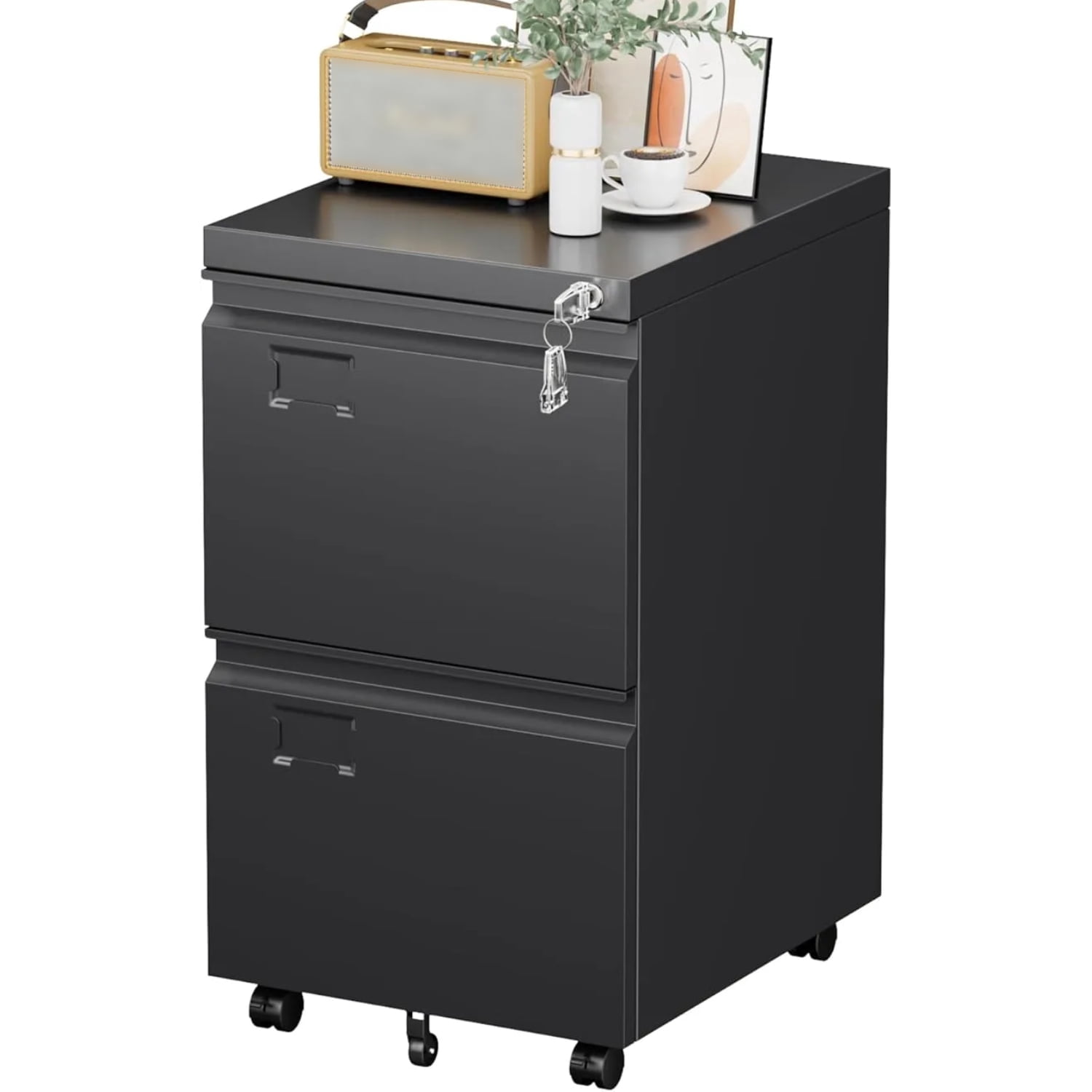 2 Drawer File Cabinet with Lock, Mobile Rolling Filing Cabinet for Home Office, Under Desk Metal File Cabinet for Letter/Legal/A4, Black
