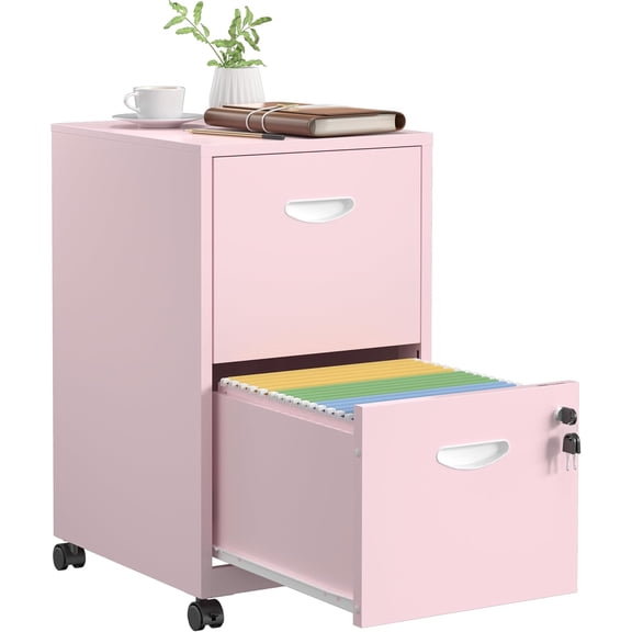 2 Drawer File Cabinet with Lock，Pink Rolling File Cabinet for Home Office, Metal Small Mobile Filing Cabinets on Wheels for Hanging Letter