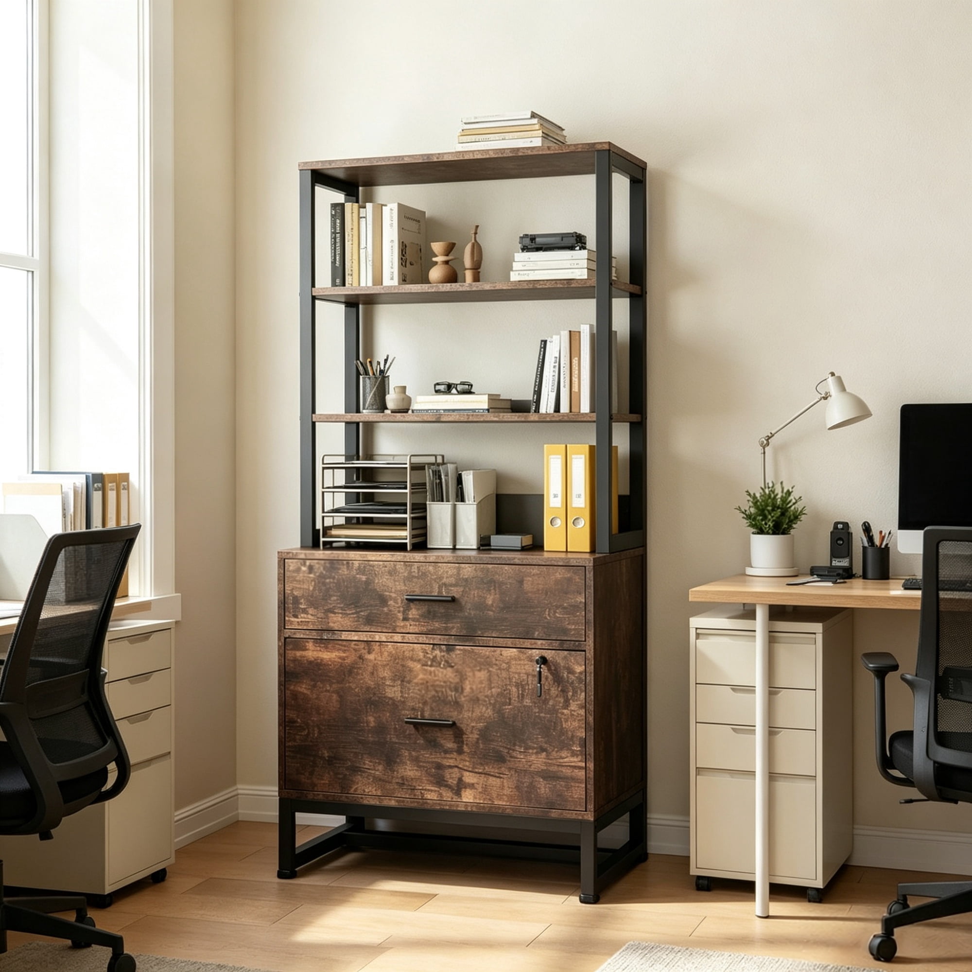 2-Drawer File Cabinet with Lock and Bookshelf, Steel, 38.39 in L x 17.72 in W x 11.42 in H