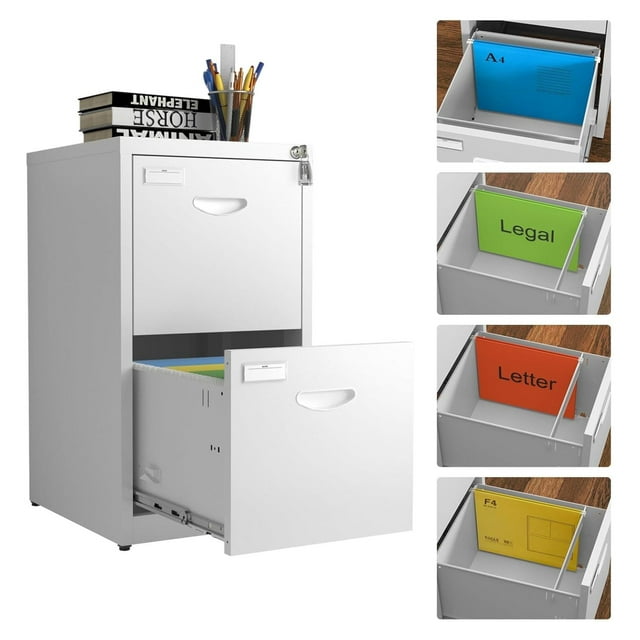 2 Drawer Filing with Lock, Vertical White Metal File