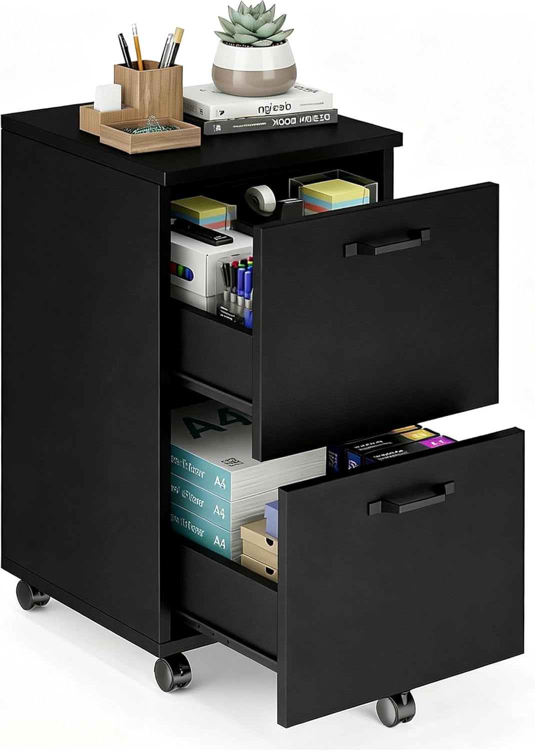 2 Drawer Filing Cabinet, Wood Rolling Cabinets with Printer Stand, Under Desk Storage Lockable Wheels, Home Office Organizer for A4 Letter Legal Size Documents,Black