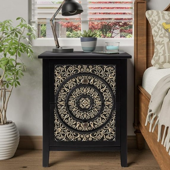 2-Drawer Fully-Assembled Flower Motif Nightstand for Small Spaces, French Country, Modern, Distressed Finish,Gold & Black