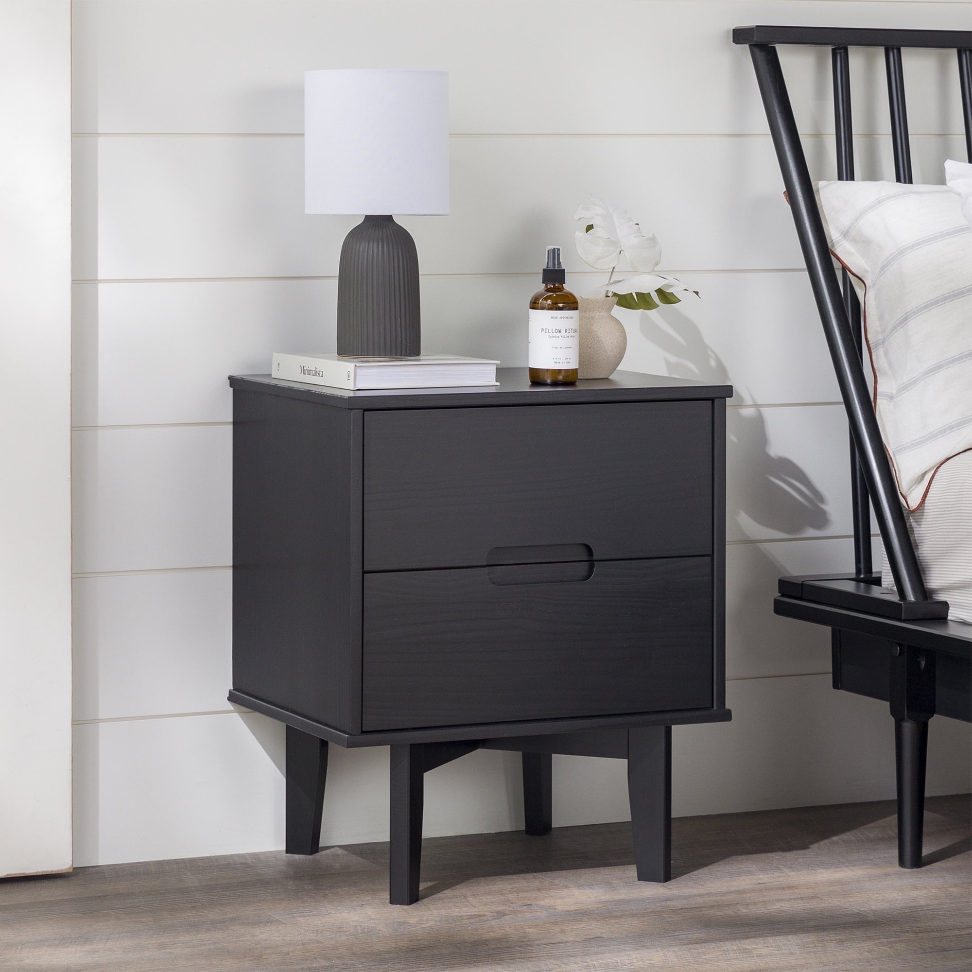 Walker Edison 2-Drawer Groove Handle Solid Wood Nightstand – Black