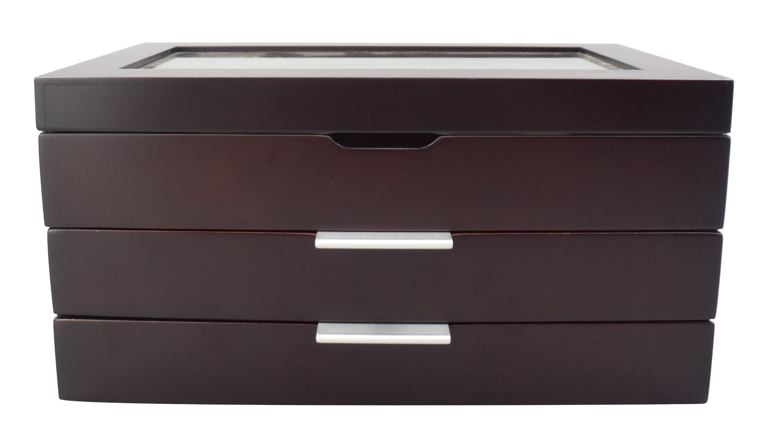 Dark Brown Wood 2-Drawer Watch Box with Glass Top
