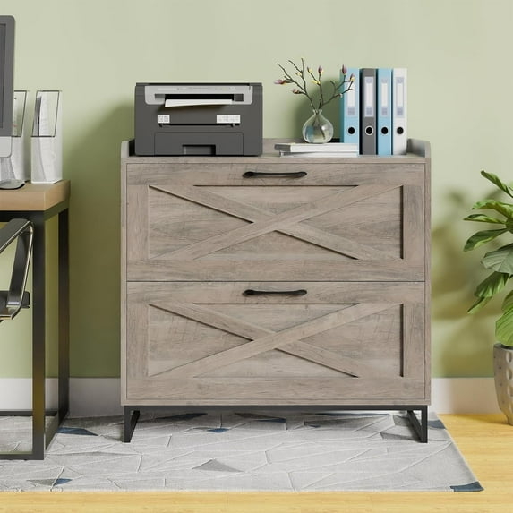 2 Drawer Lateral File Cabinet, Filing Cabinet with Charging Station for Letter/Legal/A4 Size Hanging Files, Modern Farmhouse File Cabinet for Home Office, Printer Stand with Storage, Washed Gray