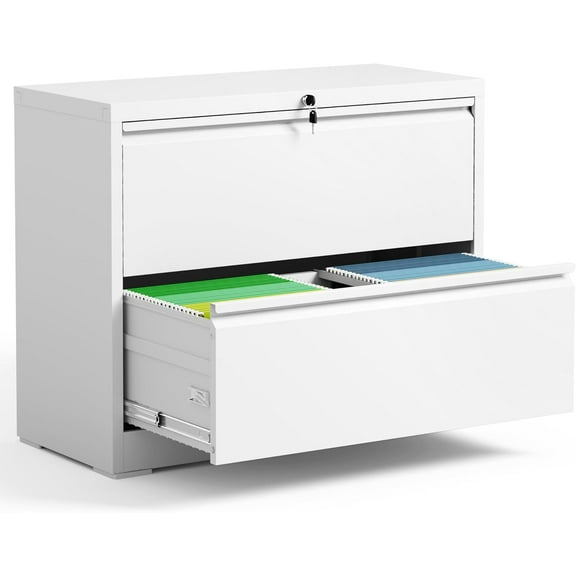 2 Drawer Lateral File Cabinet with Lock, Metal Filing Cabinets for Home Office, Steel Storage Wide File Cabinet for Letter/Legal/F4/A4 Size with Hanging Bars, Assembly Required (White)