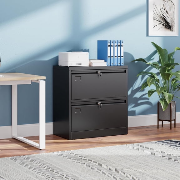 2 Drawer Lateral File Cabinet with Lock, Steel Wide Storage Cabinet for Legal/Letter/A4 Size, Heavy Duty Metal Filing Cabinet for Home Office, 28.3"H x 35.4"W x 17.7"D, Black, Assembly Required