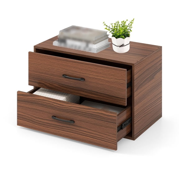 2 Drawer Lateral File Cabinet, Stackable Home Office Drawers Under Desk Printer Stand, Low Storage Organizer for Study Living Room, Horizontal Wooden Filing Cabinet No Wheels, Brown