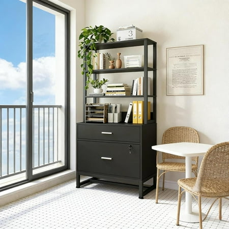 2-Drawer Lockable Filing Cabinet with 4-Tier Open Bookcase Spacious Height File Cabinet Black Steel Frame Premium MDF for Office Letter-Size Files