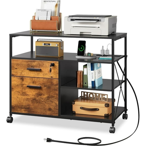2 Drawer Locking File Cabinet with Charging Station, Rolling Printer Stand with Open Storage Shelf, Lateral Filing Cabinet fit A4/Letter Size for Home Office, Rustic Brown