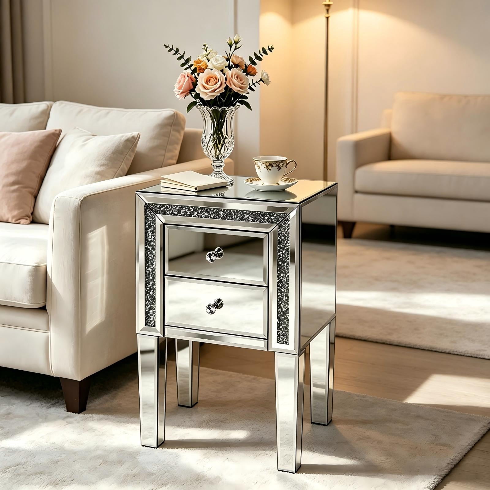 2-Drawer MDF Bedside Table with Mirror Finish, Silver, 16.2 x 13 x 24.8 in
