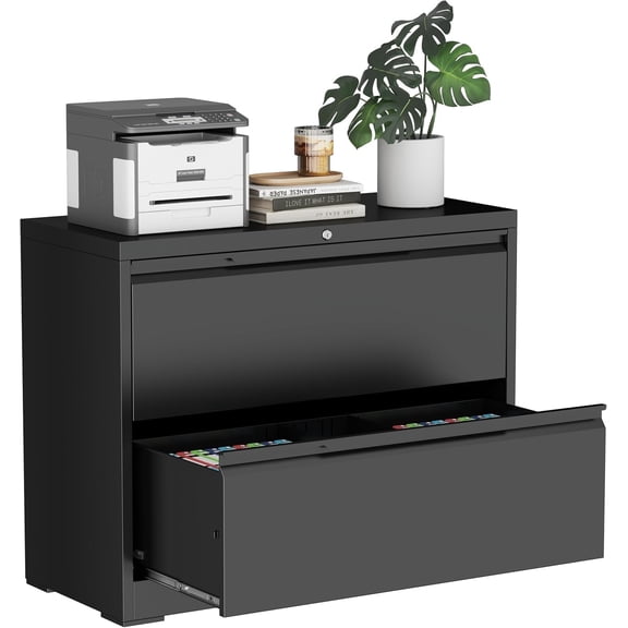 2-Drawer Metal File Cabinet with Lock,Steel Printer Stand with Storage for Home Office,Lateral Filing Cabinet for Legal/Letter/A4 Files,Assembly Required(35.43''W-2 Drawers,Black)