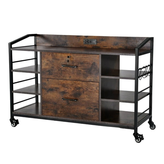 2 Drawer Metal File Cabinet with Lock, 6 Shelf Storage, Power Strip, Brown