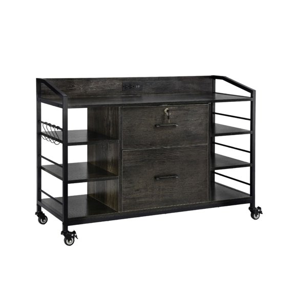 2 Drawer Metal File Cabinet with Lock, 6 Shelf Storage, Power Strip, Gray