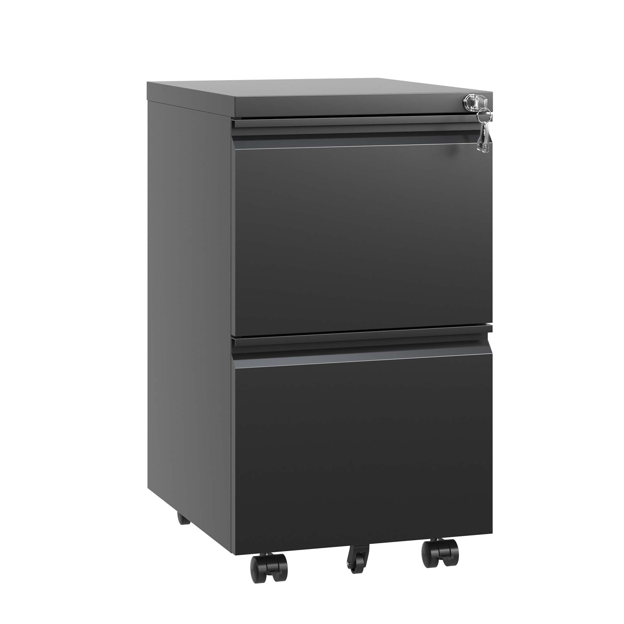 Black Metal 2-Drawer Mobile File Cabinet with Lock