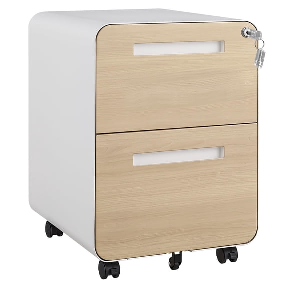 2-Drawer Mobile File Cabinet with Lock – Under Desk Metal Filing Cabinet – Fully Assembled – Fits Letter/Legal/A4 – Rolling Office Storage – Wood Grain+White