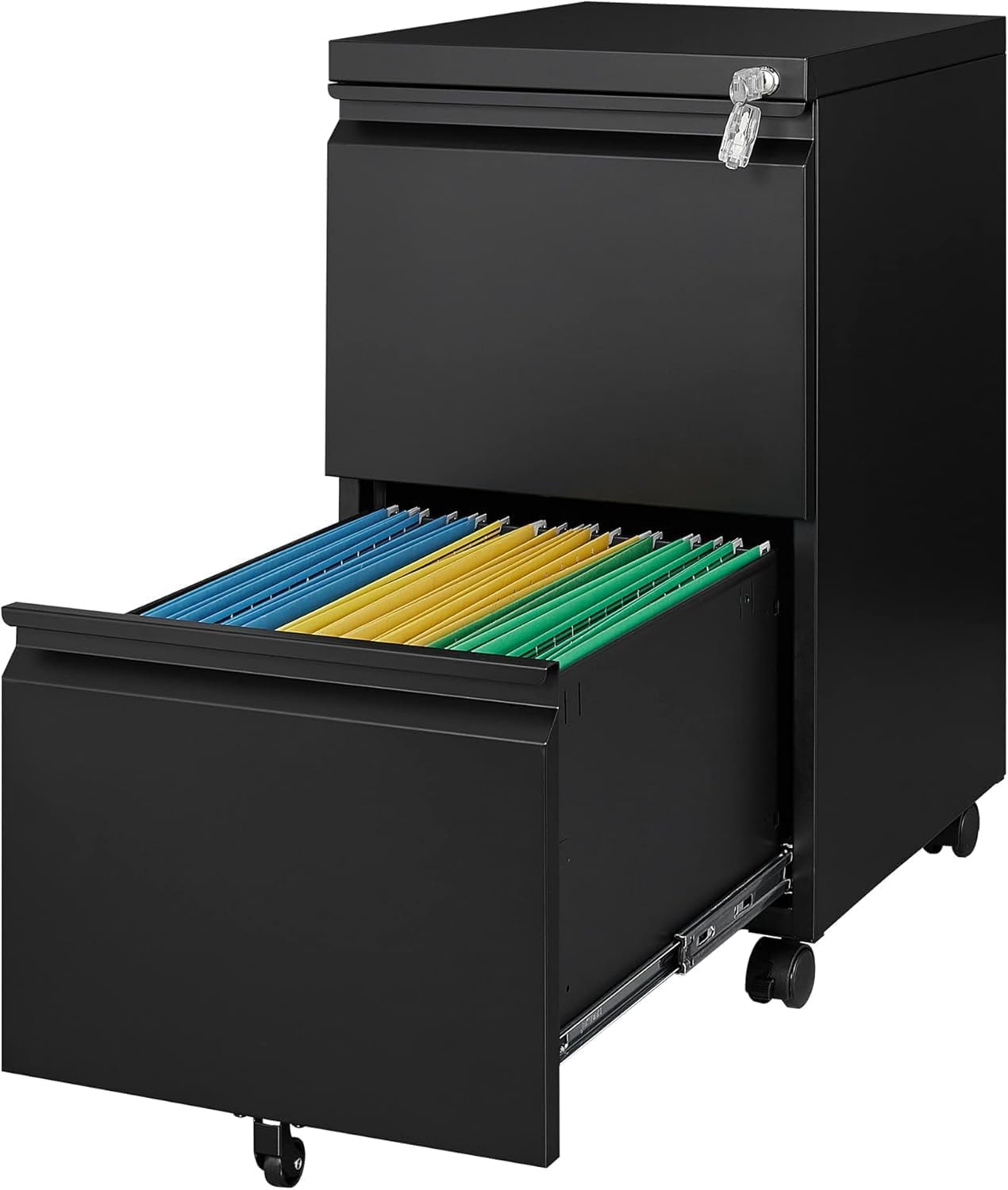 2 Drawer Mobile File Cabinet with Lock, Under Desk Metal Rolling Filing Cabinets for Home Office Organizer Letters/Legal/A4 (Black- Requires Installation)