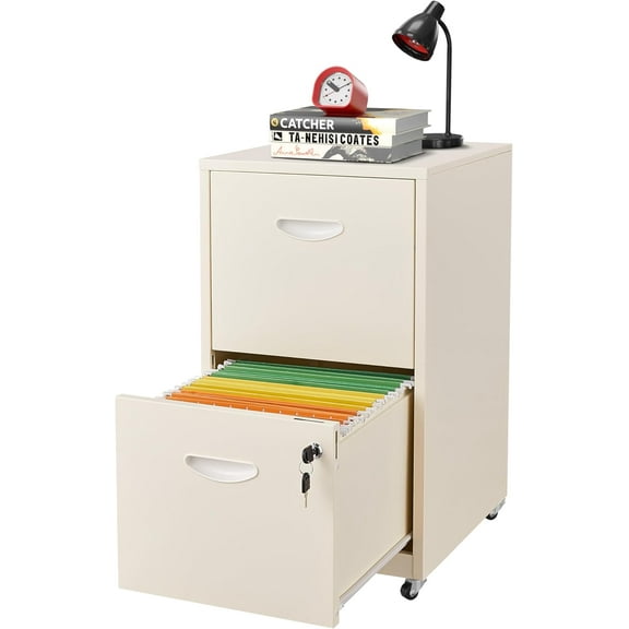 2 Drawer Mobile File Cabinet with Lock, Metal Filing Cabinets with Wheels,Rolling Storage Cabinet, Under Desk Vertical File Cabinet for Home Office, Lockable Steel Two Drawer for Letter Size, Cream
