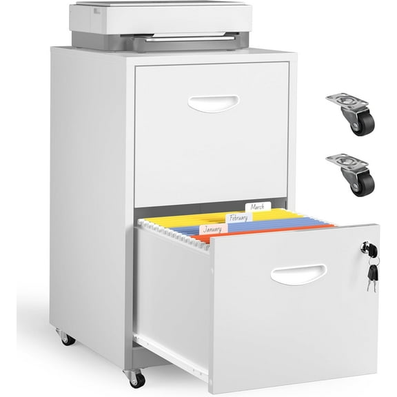 2 Drawer Mobile File Cabinet with Lock, White Metal Filing Cabinets with Wheels, Vertical Rolling File Cabinet Fit Hanging Files, Letter and A4 Documents