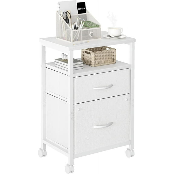 2 Drawer Mobile File Cabinet, Rolling Printer Stand with Open Storage Shelf, Fabric Vertical Filing Cabinet fits A4 or Letter Size for Home Office, White