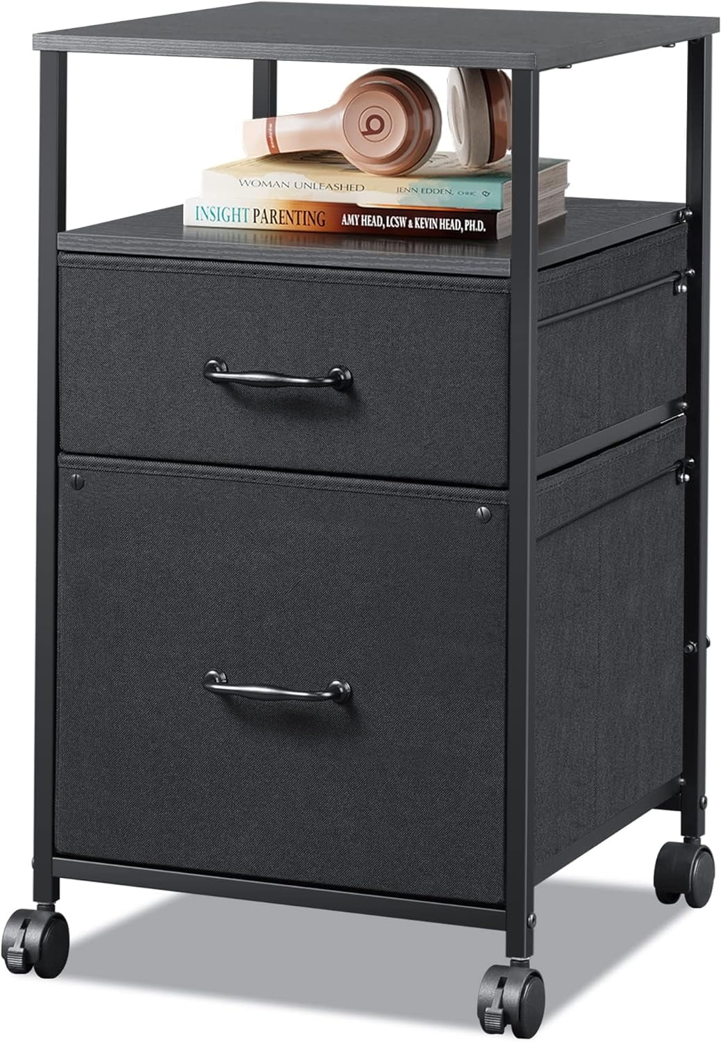 2 Drawer Mobile File Cabinet, Rolling Printer Stand with Open Storage Shelf, Fabric Vertical Filing Cabinet fits A4 or Letter Size for Home Office