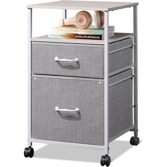 2 Drawer Mobile File Cabinet, Rolling Printer Stand with Open Storage Shelf, Fabric Vertical Filing Cabinet fits A4 or Letter Size for Home Office
