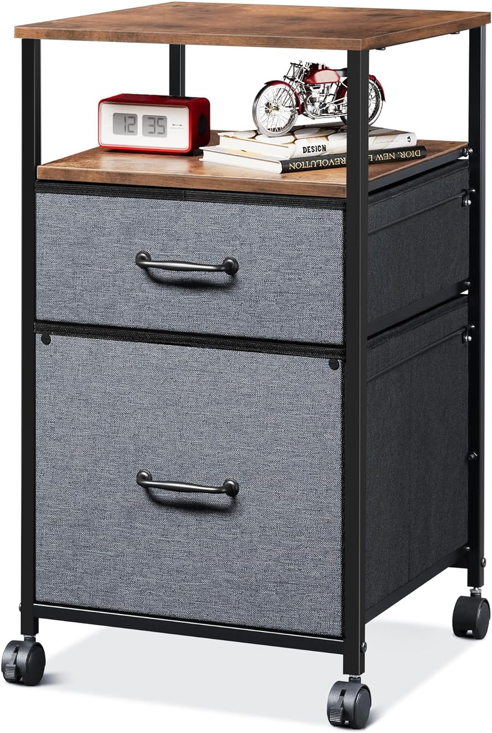 2 Drawer Mobile File Cabinet, Rolling Printer Stand with Open Storage Shelf, Fabric Vertical Filing Cabinet fits A4 or Letter Size for Home Office