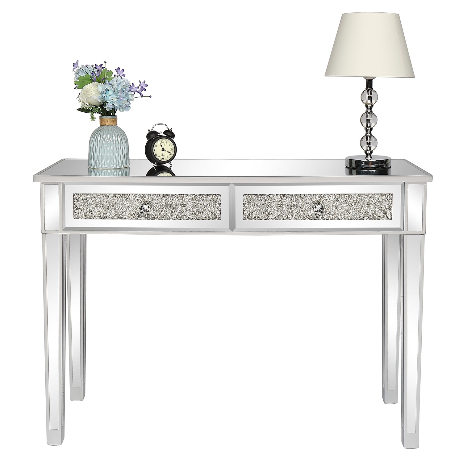 2-Drawer Modern Diamond-Embellished Mirrored Desk, Silver, 42 x 15 x 29.92 in