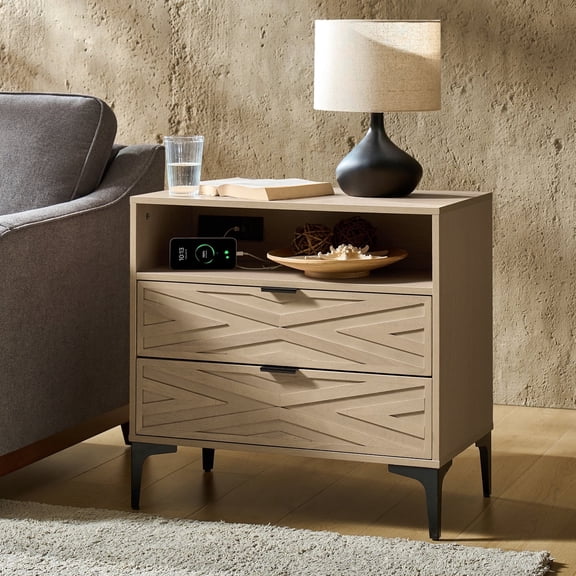 2-Drawer Modern End Tables with Rear Charging Station V-shaped Design Matal Legs for Living Room Oak
