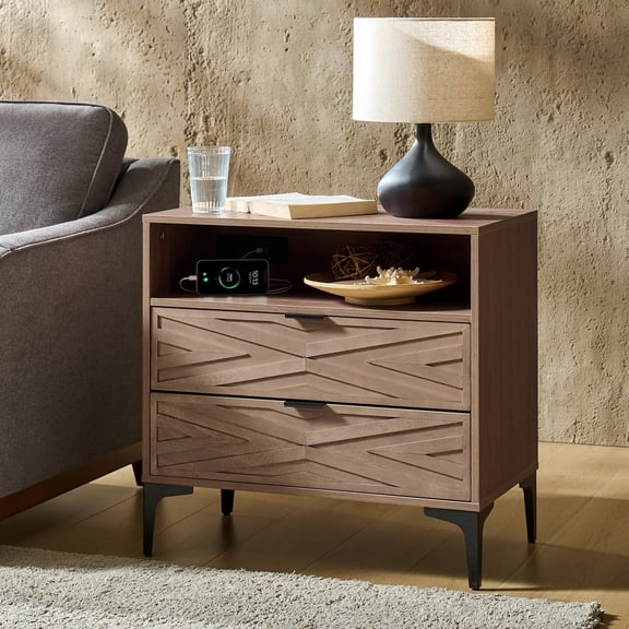 2-Drawer Modern End Table with Rear Charging Station V-shaped Design Matal Legs for Living Room Walnut
