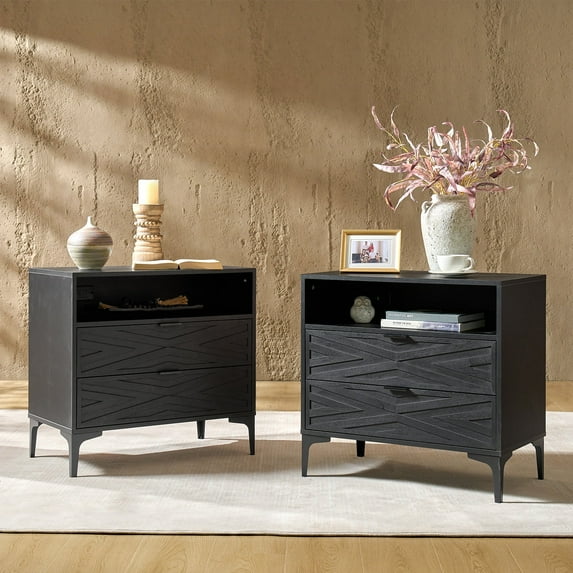 2-Drawer Modern End Tables with Rear Charging Station V-shaped Design Matal Legs 2 Pieces for Living Room Black