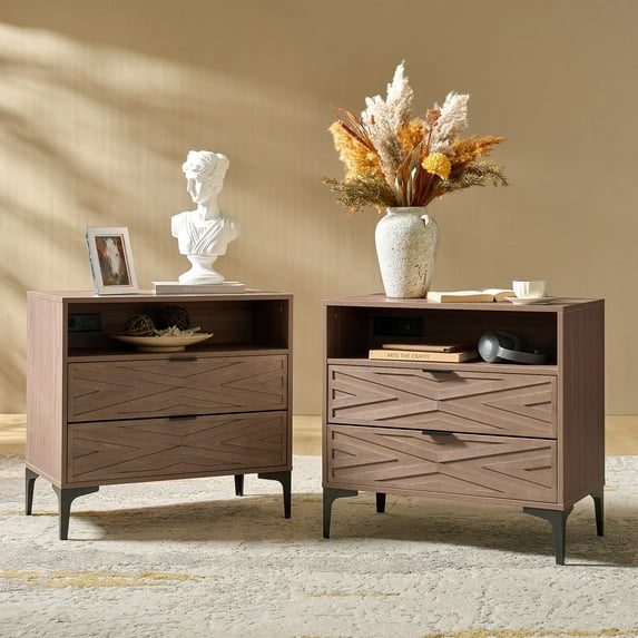 2-Drawer Modern End Tables with Rear Charging Station V-shaped Design Matal Legs 2 Pieces for Living Room Oak