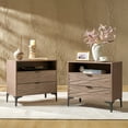 thumbnail image 1 of 2-Drawer Modern End Tables with Rear Charging Station V-shaped Design Matal Legs 2 Pieces for Living Room Walnut, 1 of 5