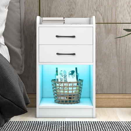 2-Drawer Nightstand for Bedroom, Sesslife Wood Bedside Table with LED Light, USB Charging Ports and Outlets, Wireless Charging Functions, Modern Storage Furniture Night Stand, White