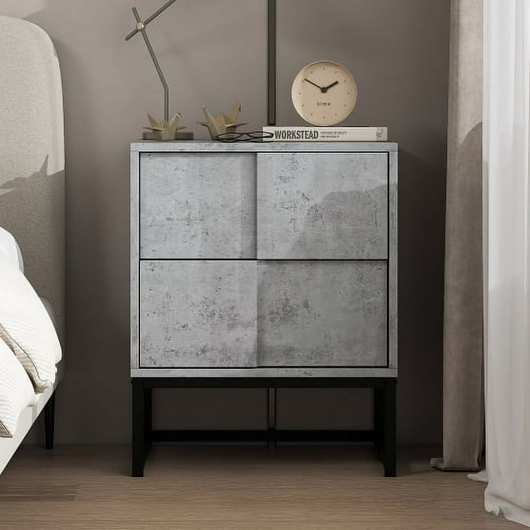 2 Drawer Nightstand Bedside Table with Geometric Elements End Side Table for Living Room Bedroom Cement Gray