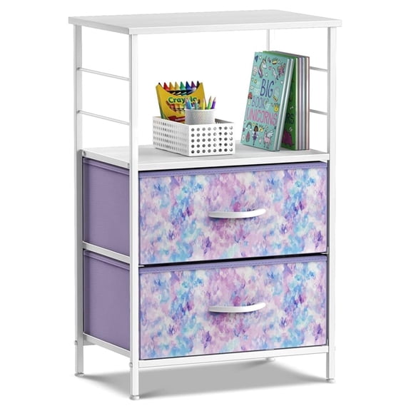 2 Drawer Nightstand - Bedside Table with Steel Frame, Wood Top & Fabric Bins