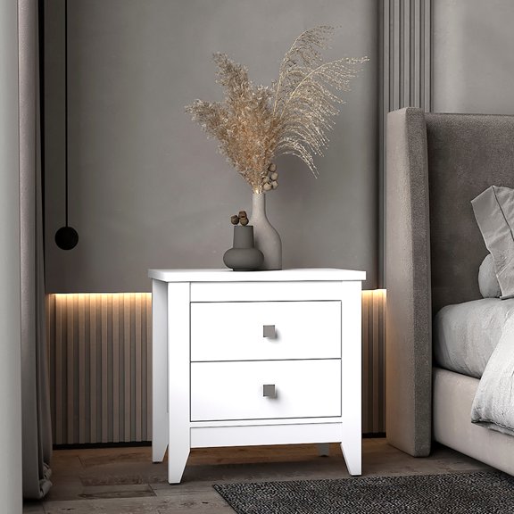 Nightstand with 2 Drawers in White Color | Great for Clothing and Accessory Storage | White Finish on Particle Board | Organize Your Room