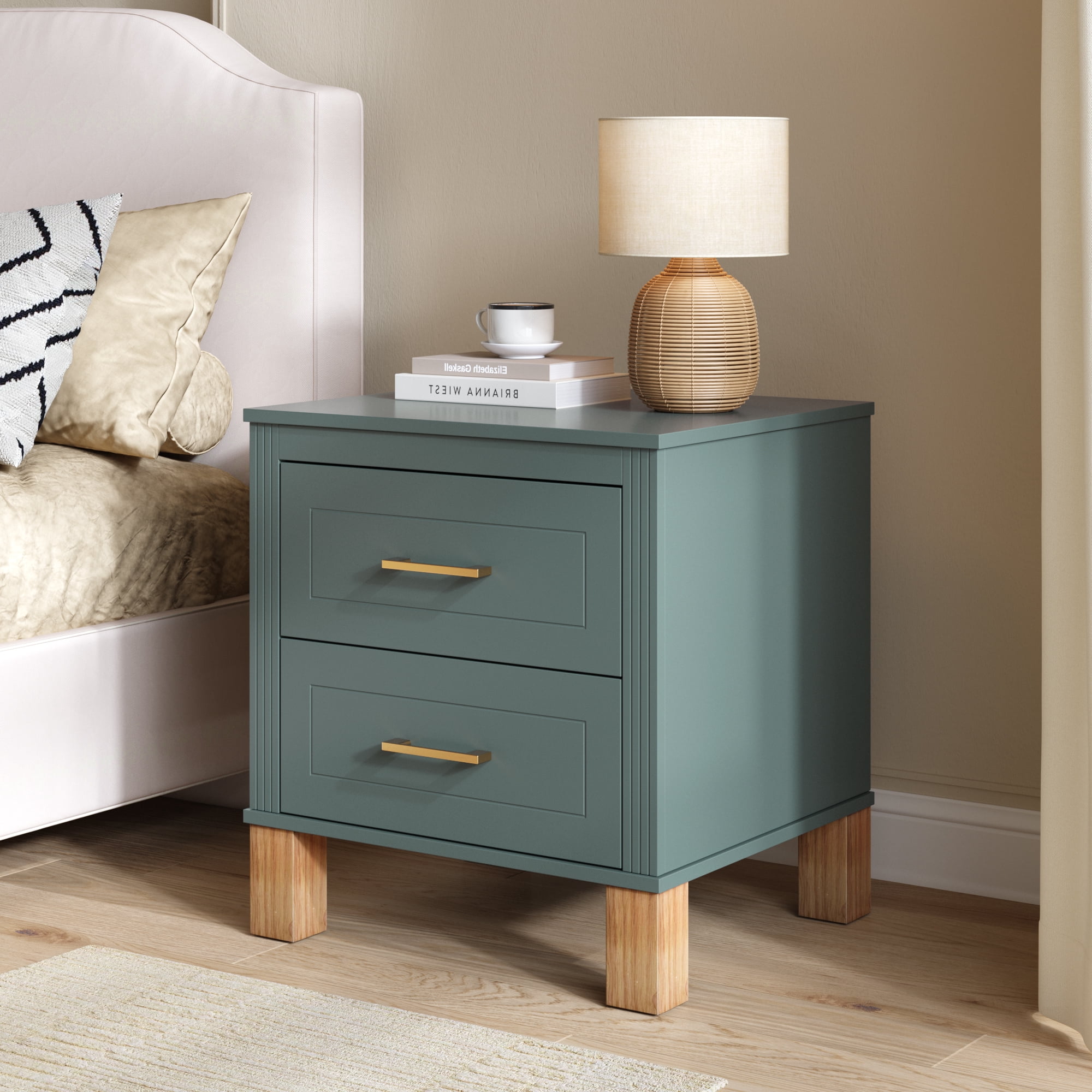 2 Drawer Nightstand, Fluted Design Bedside Table with Solid Wood Legs & Metal Handles, MDF Frame Storage Cabinet, Tall End Table for Bedroom Living Room