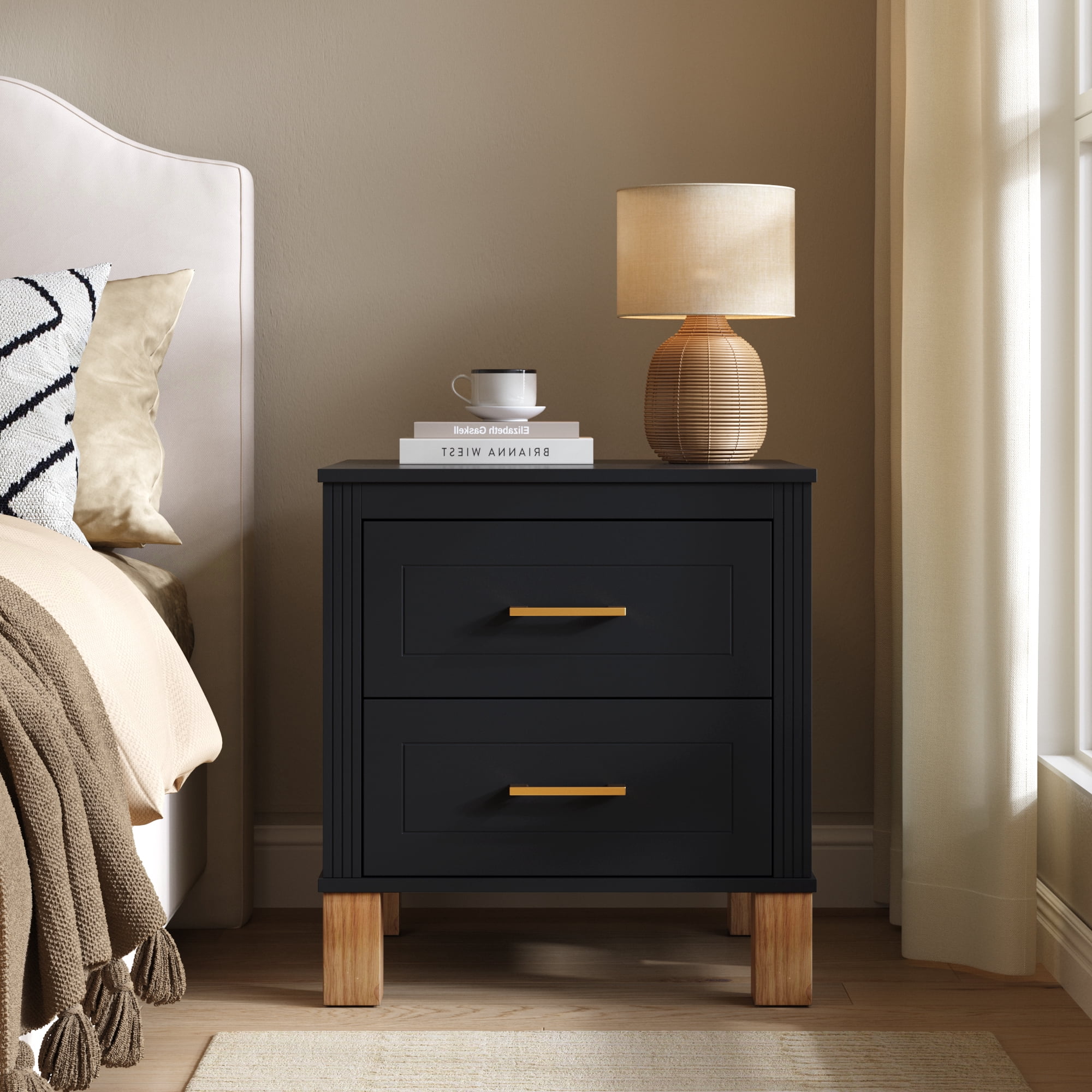 2 Drawer Nightstand, Fluted Design Bedside Table with Solid Wood Legs & Metal Handles, MDF Frame Storage Cabinet, Tall End Table for Bedroom Living Room