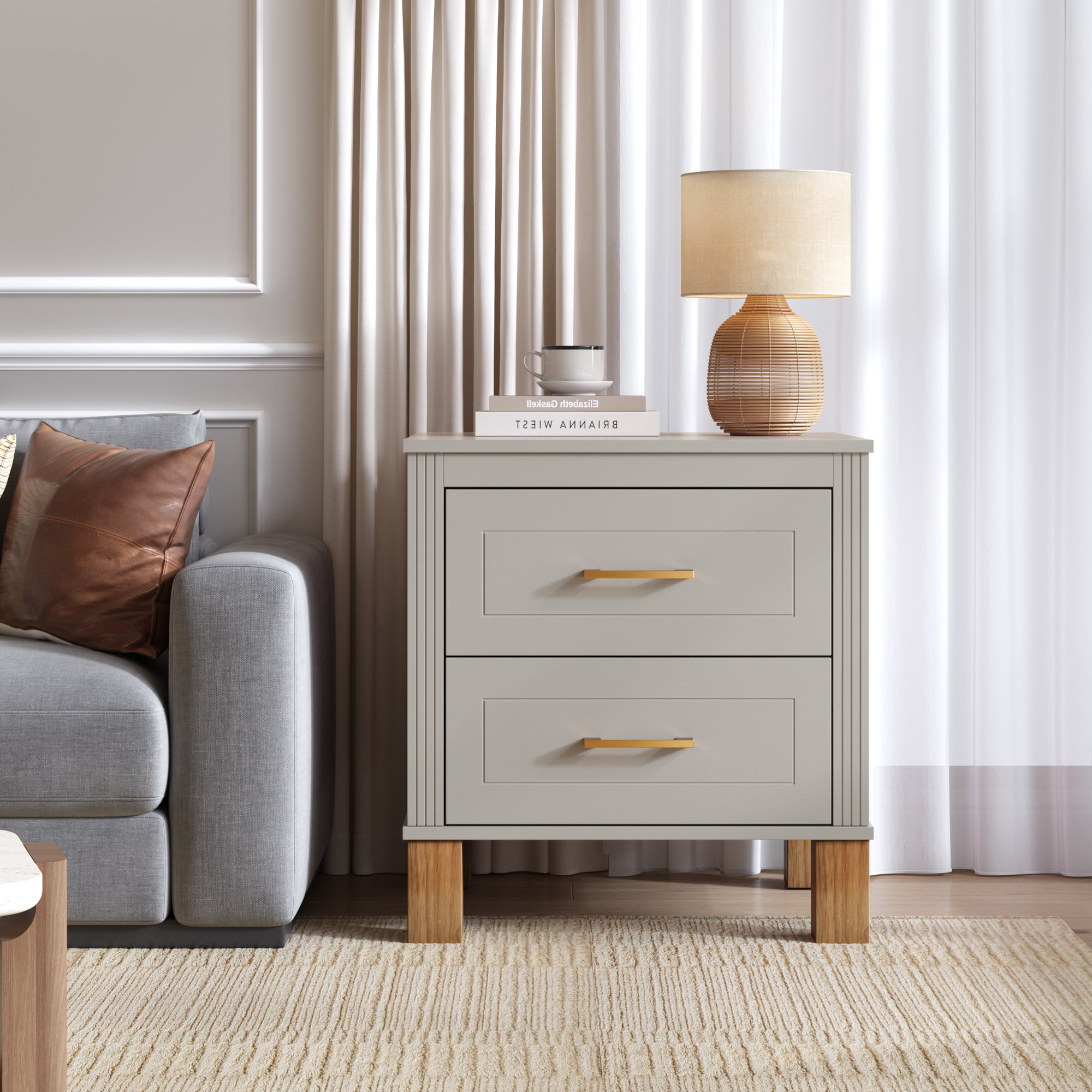 2 Drawer Nightstand, Fluted Design Bedside Table with Solid Wood Legs & Metal Handles, MDF Frame Storage Cabinet, Tall End Table for Bedroom Living Room