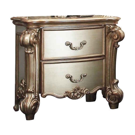 2 Drawer Nightstand In Antique Gold Patina With Elaborate Carvings And Felt Lining Stylish 2 Raised Molding Trim