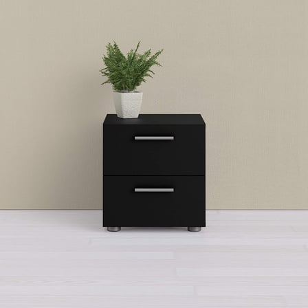 2 Drawer Nightstand Set for Bedroom - Modern Silver Handles, Contemporary Design, Black