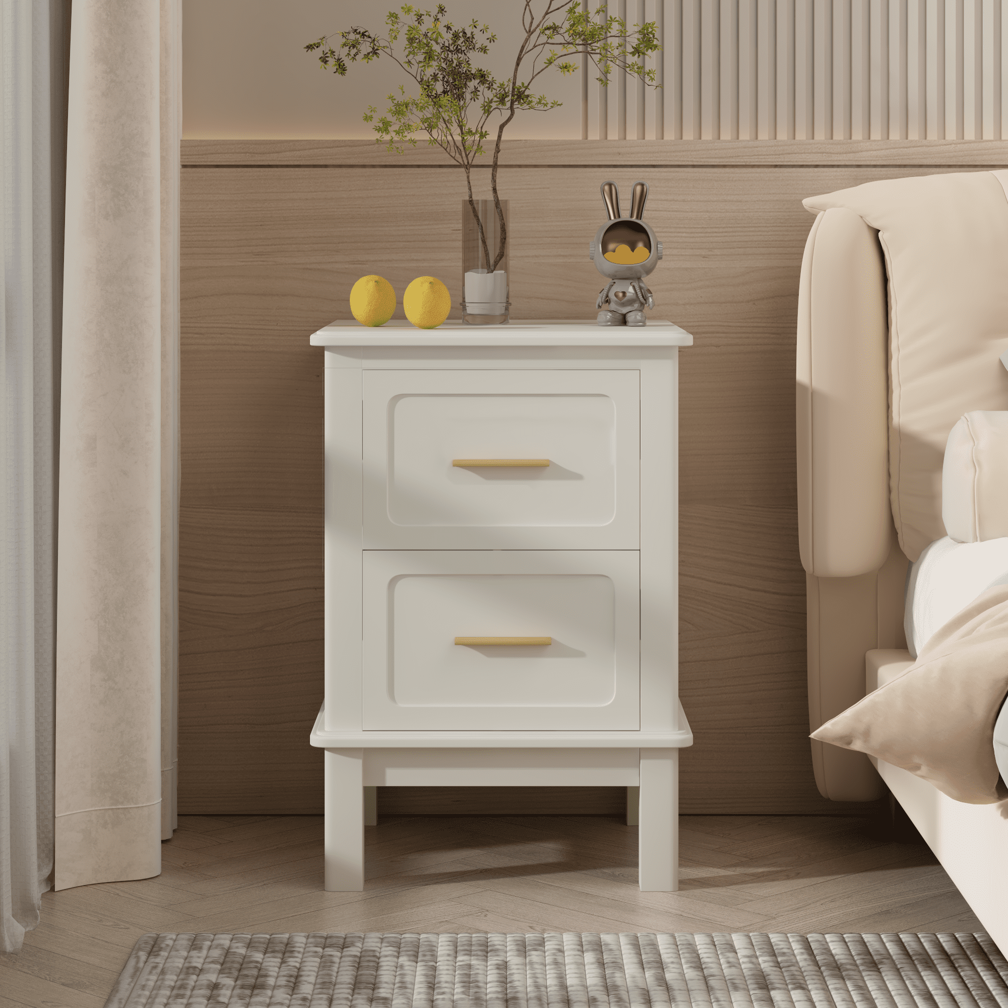 2-Drawer Nightstand, Off White MDF Bedside Table with Gold Handles, Compact Accent Storage Cabinet, Sturdy End Table for Bedroom Small Space Living Room Kids Guest Room