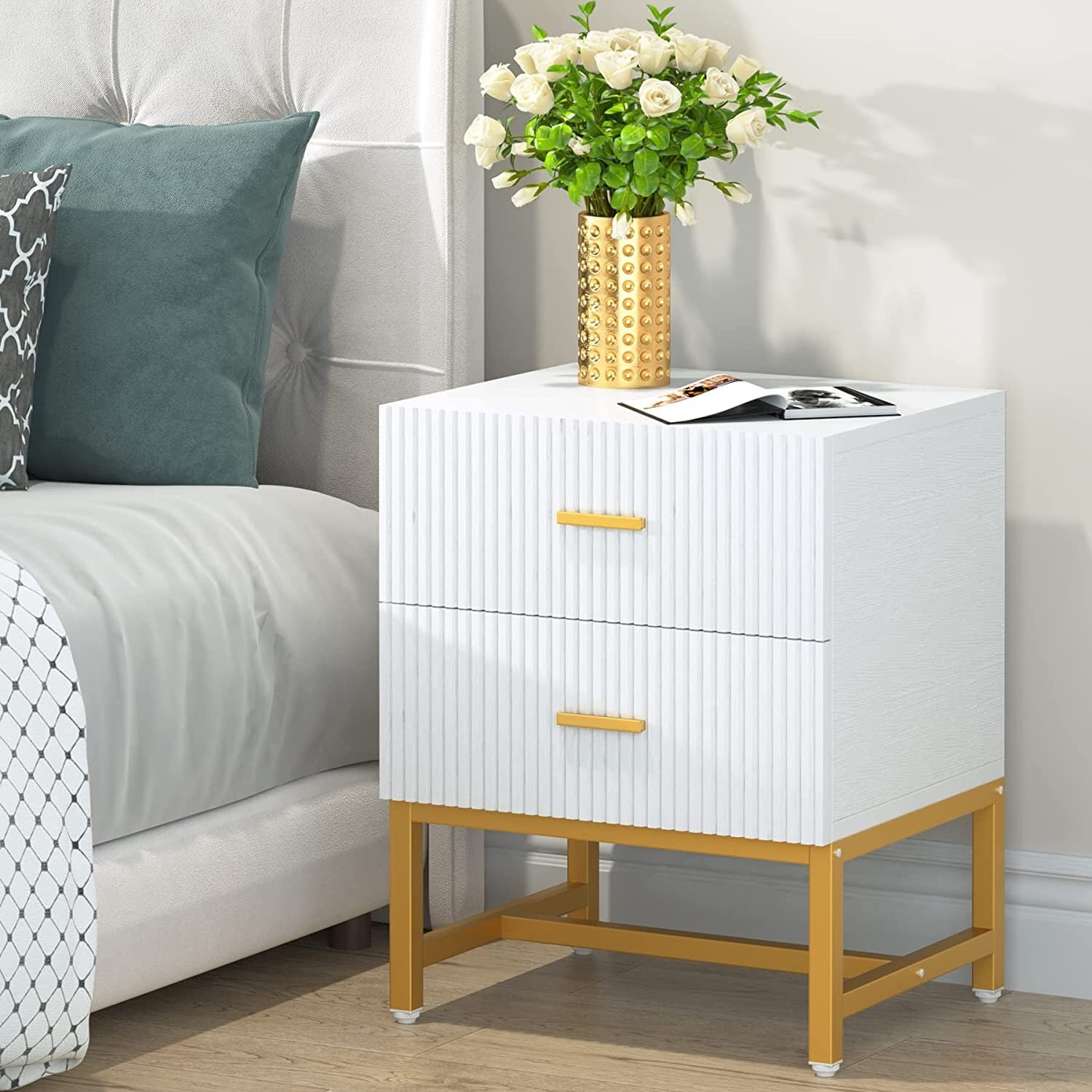 2Drawer Nightstand, White Night Stands with Storage Drawers white and