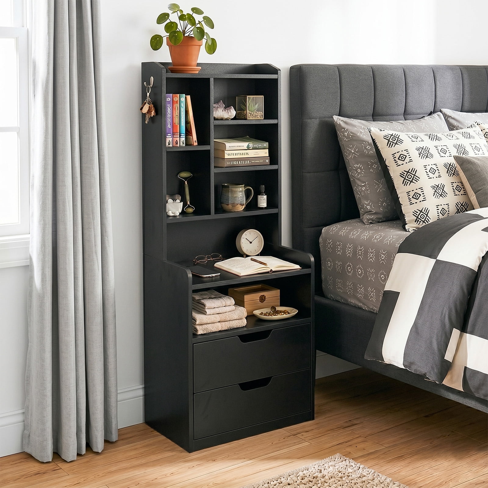 2-Drawer Nightstand with 6-Shelf Storage and Charging Station, Black